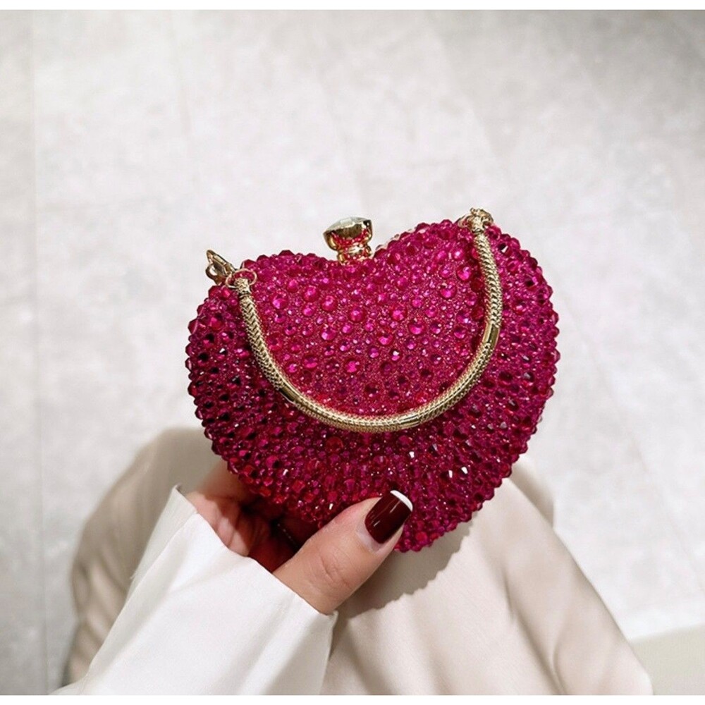 Women's Hot Pink Rhinestone Heart Clutch Bag Formal Evening Cocktail Purse NEW - Picture 12 of 14